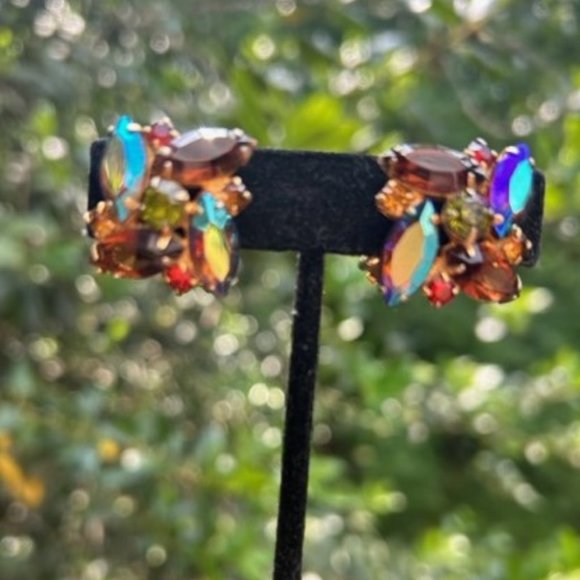 VTG Aurora Borealis AB Rhinestone Gold Earrings - Picture 2 of 8